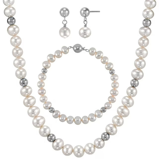 Freshwater Cultured Pearl and Silver Bead 3 Piece Set in Sterling Silver