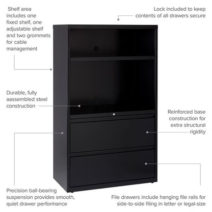 36" Wide 2 Drawer Lateral Combo File Cabinet, Black