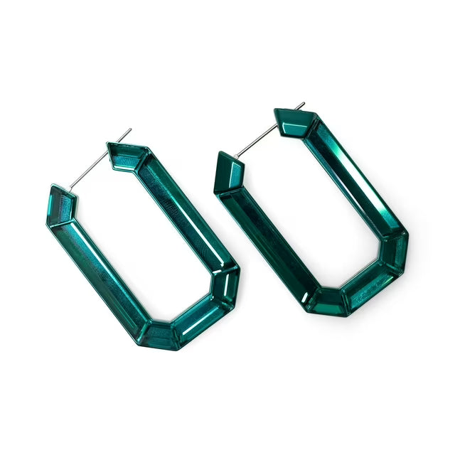 Octagon Cut Green Crystal Lucent Statement Hoop Earrings