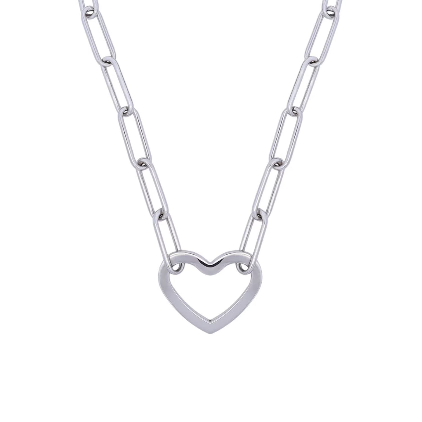 Open Heart Paperclip Chain Necklace in Sterling Silver