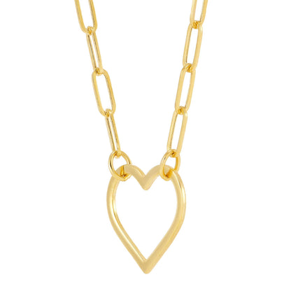 Open Heart Paperclip Chain Pendant Necklace in 14K Gold
