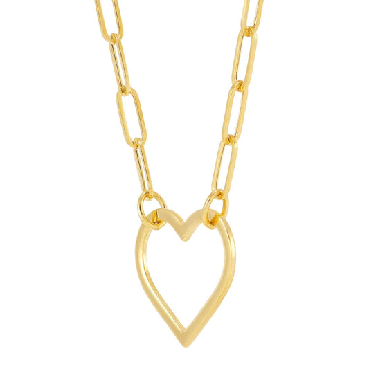 Open Heart Paperclip Chain Pendant Necklace in 14K Gold