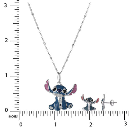 Lilo and Stitch Stud Earring and Pendant Necklaces Set in Sterling Silver