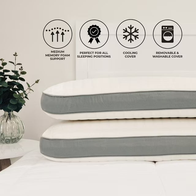 Luxury Resort Queen Memory Foam Pillow with Cooling Cover, Set of 2