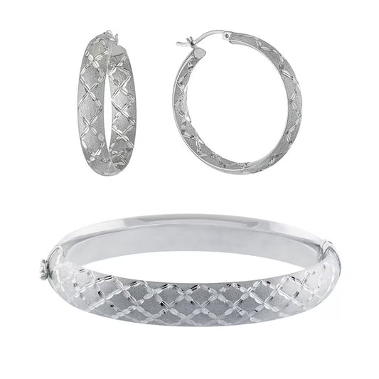 Hoop Earring and Bangle Bracelet Set in Sterling Silver