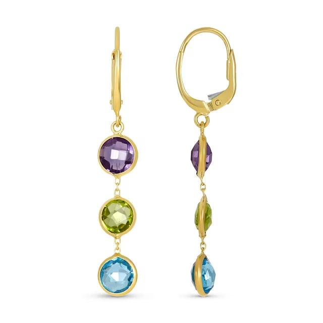 Round Cut Multi Gemstone Dangle Earrings in 14K Gold