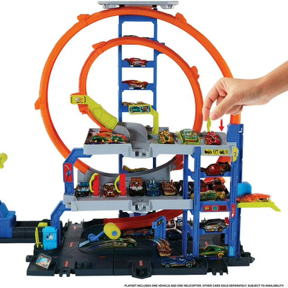 Hot Wheels Mega Loop Garage Playset with 1 Die-Cast Toy Car & 1 Toy Helicopter