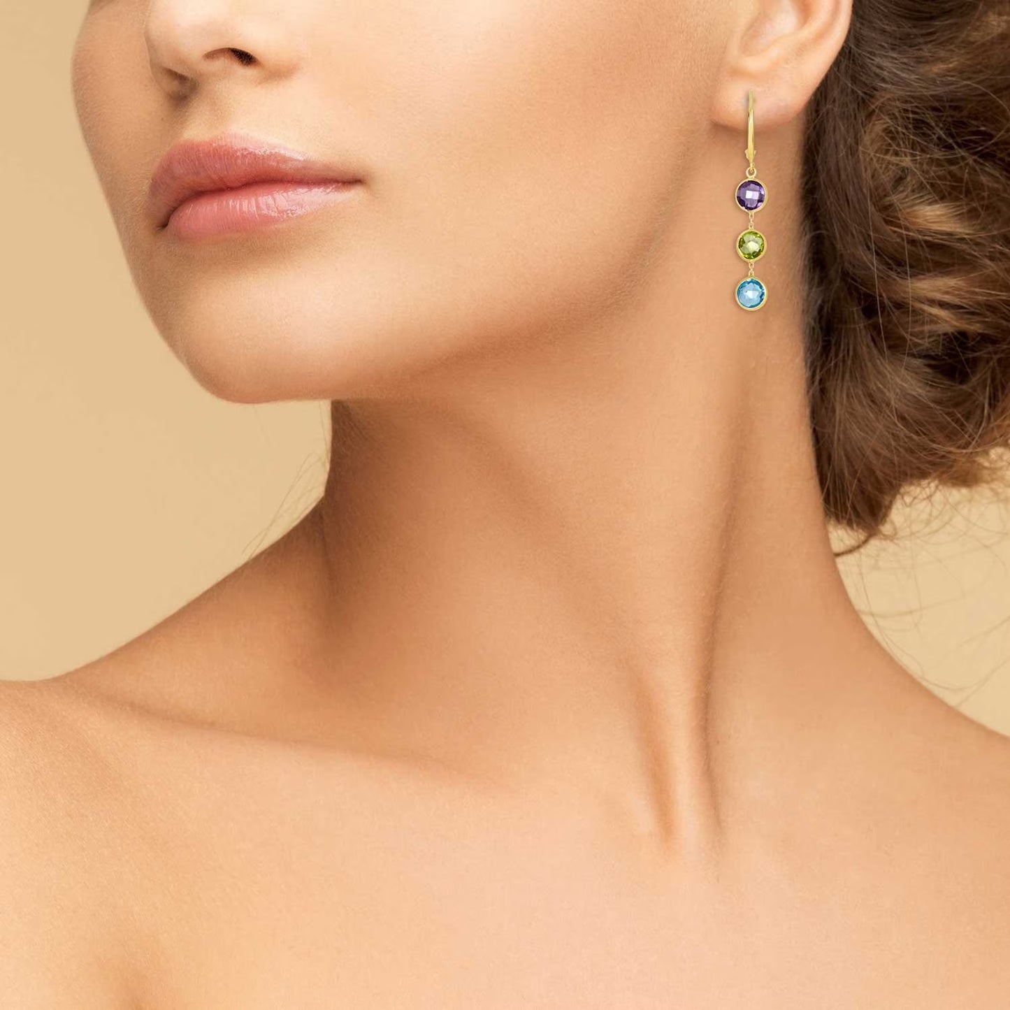 Round Cut Multi Gemstone Dangle Earrings in 14K Gold