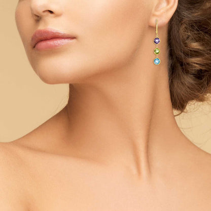 Round Cut Multi Gemstone Dangle Earrings in 14K Gold