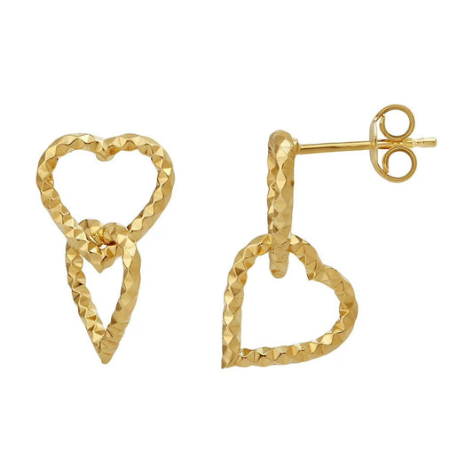 Diamond Cut Heart Dangling Earrings in 14K Yellow Gold