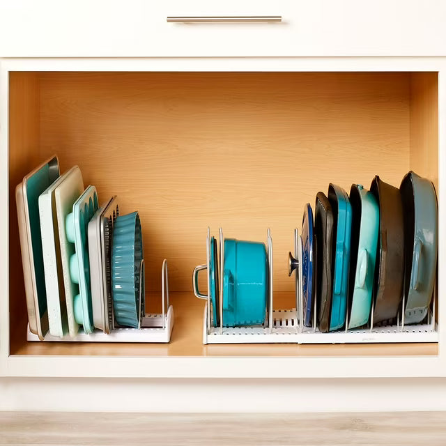 2-Piece Expandable Cookware and Adjustable Bakeware Storage Rack