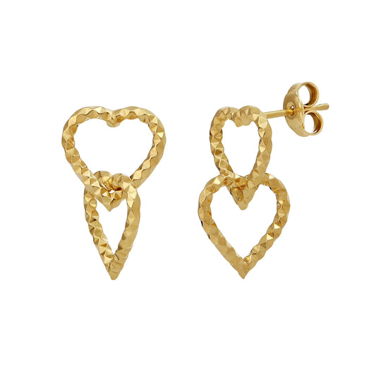 Diamond Cut Heart Dangling Earrings in 14K Yellow Gold