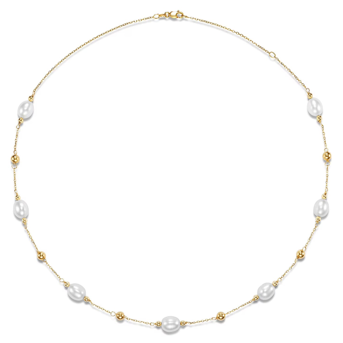 Freshwater Rice 8-9mm Pearl Station Necklace in 14K Gold