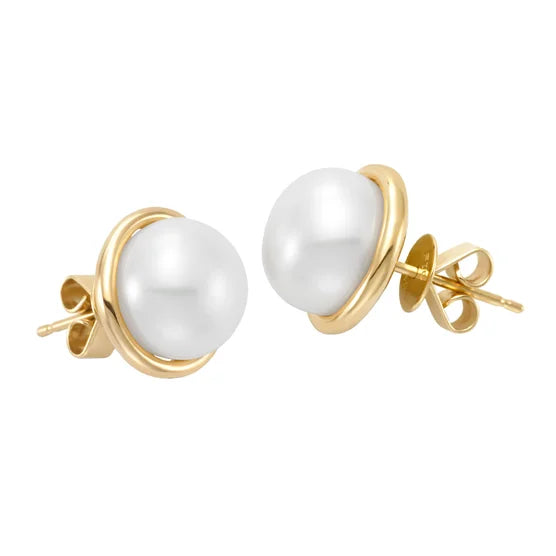 Freshwater Cultured 9-10mm Pearl 14kt Yellow Gold Bezel Earrings