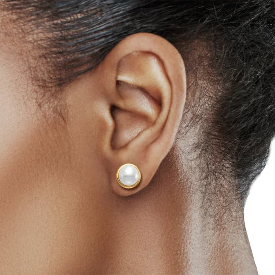 Freshwater Cultured 9-10mm Pearl 14kt Yellow Gold Bezel Earrings