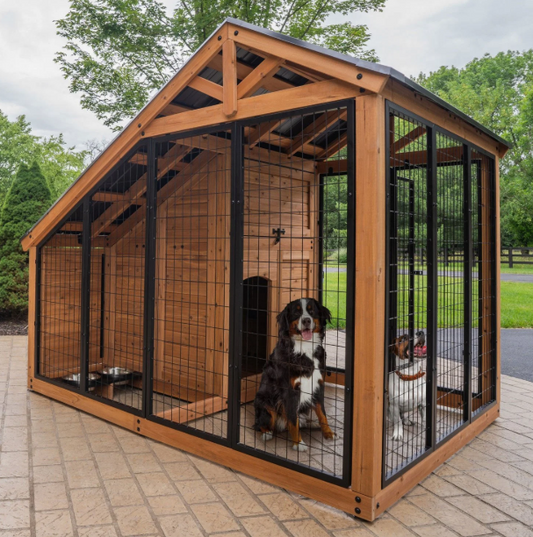 Backyard 7' x 5' Cedar Wood Dog House/Kennel with Feeding Door