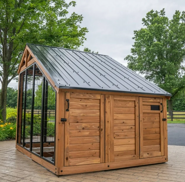 Backyard 7' x 5' Cedar Wood Dog House/Kennel with Feeding Door