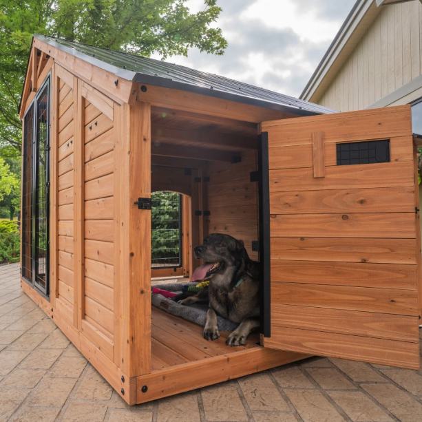 Backyard 7' x 5' Cedar Wood Dog House/Kennel with Feeding Door