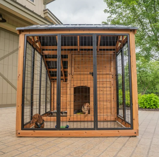 Backyard 7' x 5' Cedar Wood Dog House/Kennel with Feeding Door