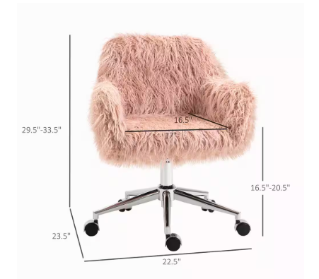 Adjustable Height and Wheels with Pink Faux Fur Desk Chair Swivel Vanity Chair
