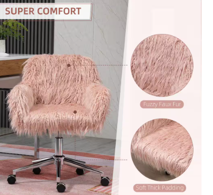 Adjustable Height and Wheels with Pink Faux Fur Desk Chair Swivel Vanity Chair