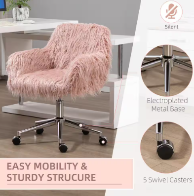 Adjustable Height and Wheels with Pink Faux Fur Desk Chair Swivel Vanity Chair