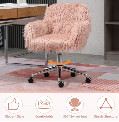Adjustable Height and Wheels with Pink Faux Fur Desk Chair Swivel Vanity Chair