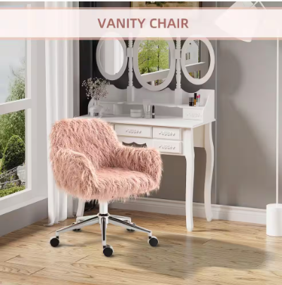 Adjustable Height and Wheels with Pink Faux Fur Desk Chair Swivel Vanity Chair