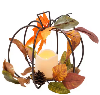Festive Pumpkin Candle Holder with Metal Leaves