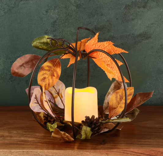Festive Pumpkin Candle Holder with Metal Leaves