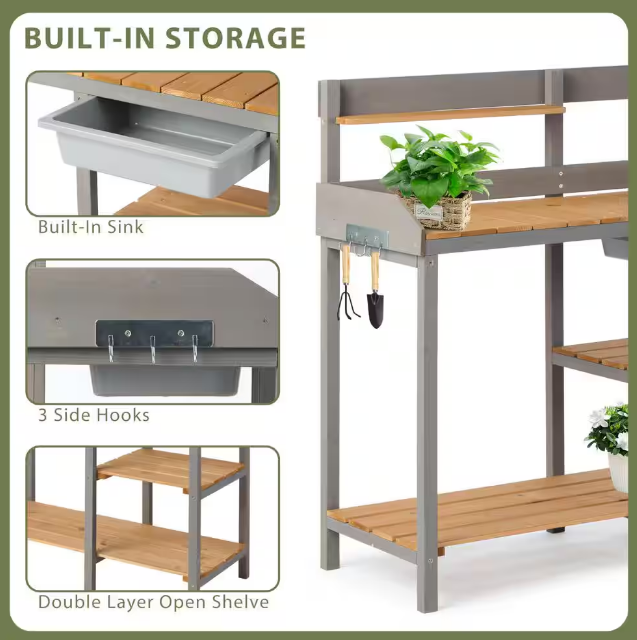 Wooden Potting Bench Table with Sink