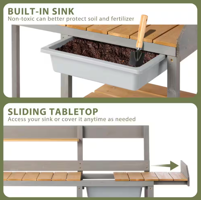 Wooden Potting Bench Table with Sink