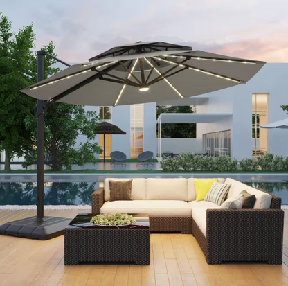 11 ft. Double Top Aluminum LED Cantilever Patio Umbrella with Base for Patio Deck