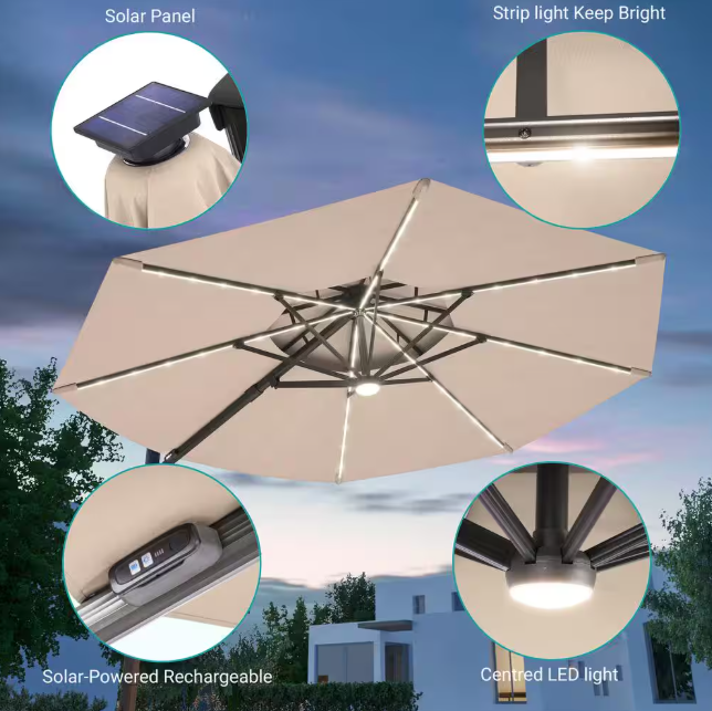 11 ft. Double Top Aluminum LED Cantilever Patio Umbrella with Base for Patio Deck