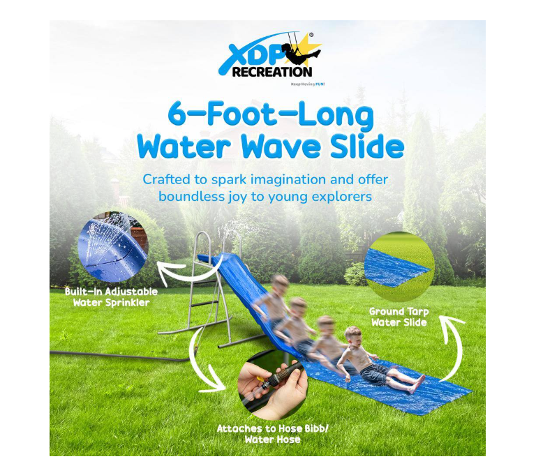 Water Wave Slide with Built-In Adjustable Water Sprinkler, 6 ft.