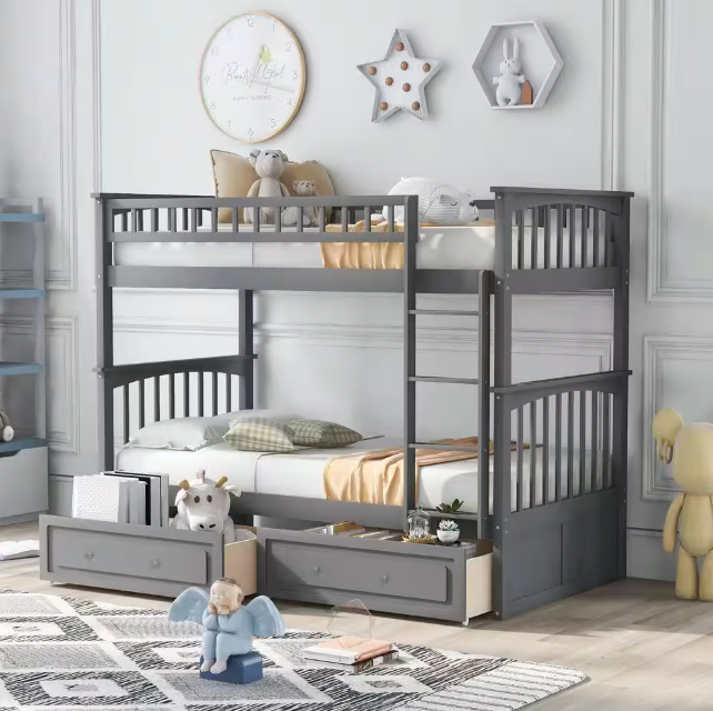 Twin Size Wood Bunk Bed with 2-Drawers