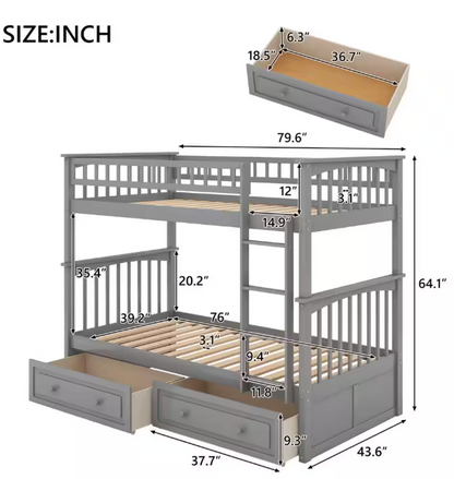 Twin Size Wood Bunk Bed with 2-Drawers
