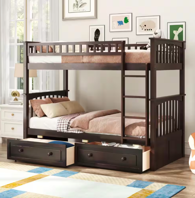 Twin Size Wood Bunk Bed with 2-Drawers