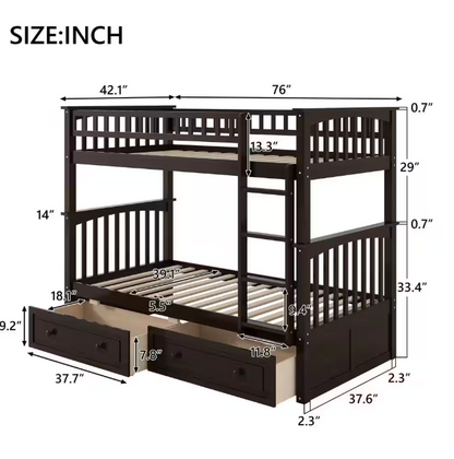 Twin Size Wood Bunk Bed with 2-Drawers