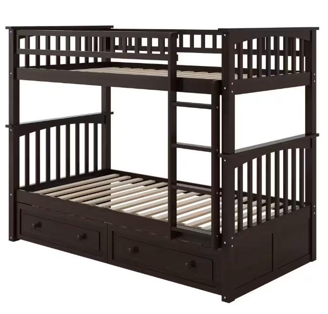 Twin Size Wood Bunk Bed with 2-Drawers