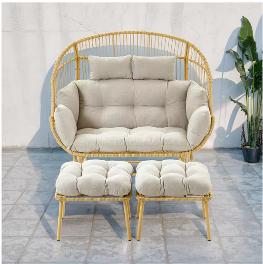 Glider Egg Chair PE Wicker Outdoor Loveseat with Beige Cushions