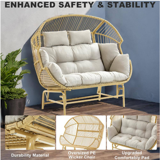 Glider Egg Chair PE Wicker Outdoor Loveseat with Beige Cushions