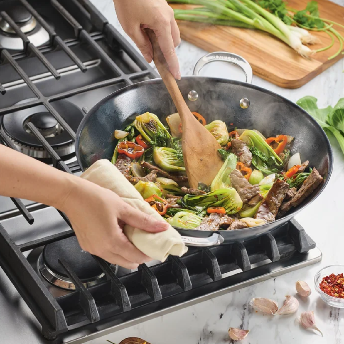 Anolon EverLast Carbon Steel 4-piece Wok and Teak Tool Set