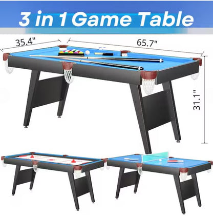 3-in-1 Multi-Game Table, 65 in. Combo Game Table Set Includes Pool Table, Billiard Tables, Hockey Table