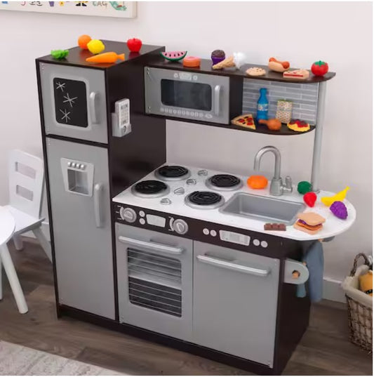 Espresso Wooden Play Kitchen and 30-Piece Play Food Accessories