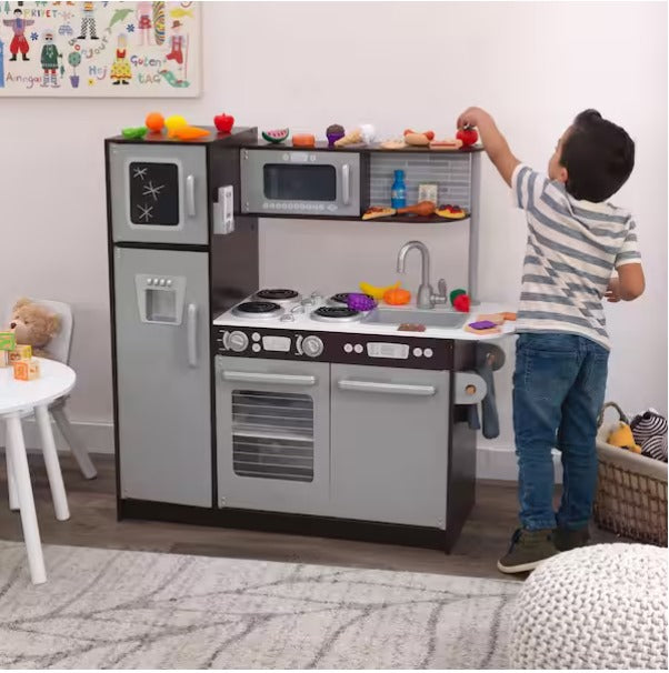 Espresso Wooden Play Kitchen and 30-Piece Play Food Accessories