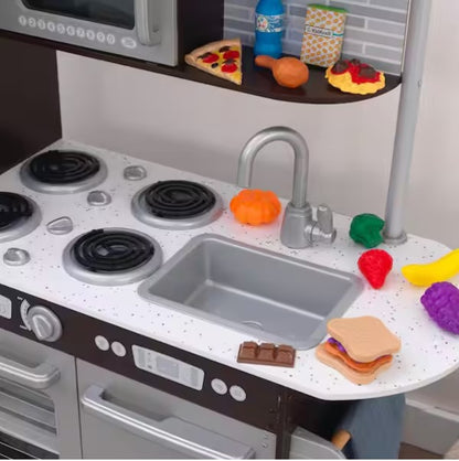 Espresso Wooden Play Kitchen and 30-Piece Play Food Accessories