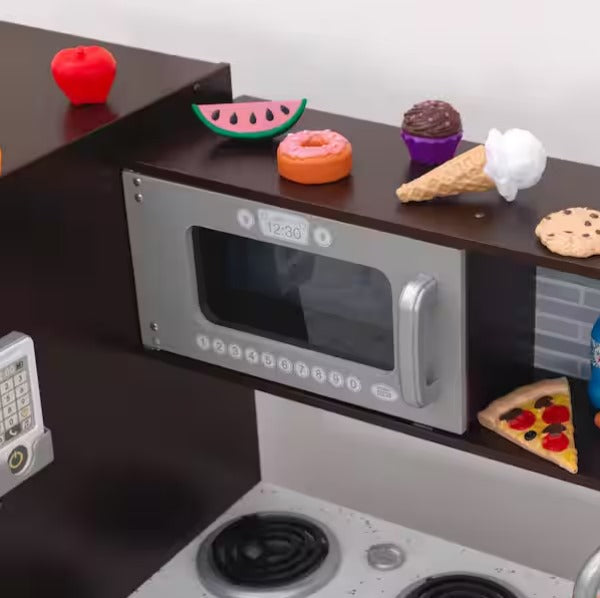 Espresso Wooden Play Kitchen and 30-Piece Play Food Accessories