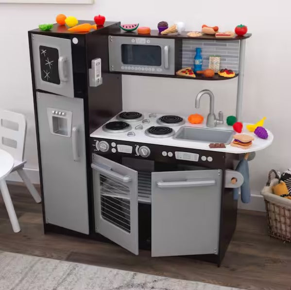 Espresso Wooden Play Kitchen and 30-Piece Play Food Accessories