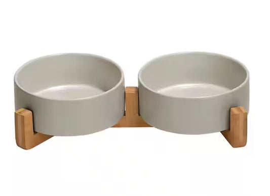Ceramic Cat Bowl with Wood Stand